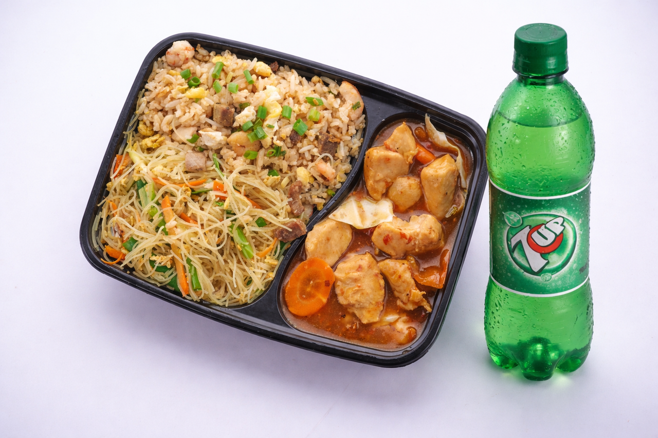 Special Fried Rice, Singapore Noodles & Meat Combo + a  7up drink