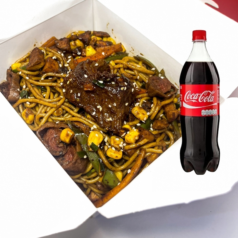 Chick stir pasta with beef and drink combo