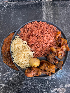 Waakye (3) + 1 Plantain + Spaghetti + Beef + Fish/Chicken + Ponmo + Egg + Coleslaw