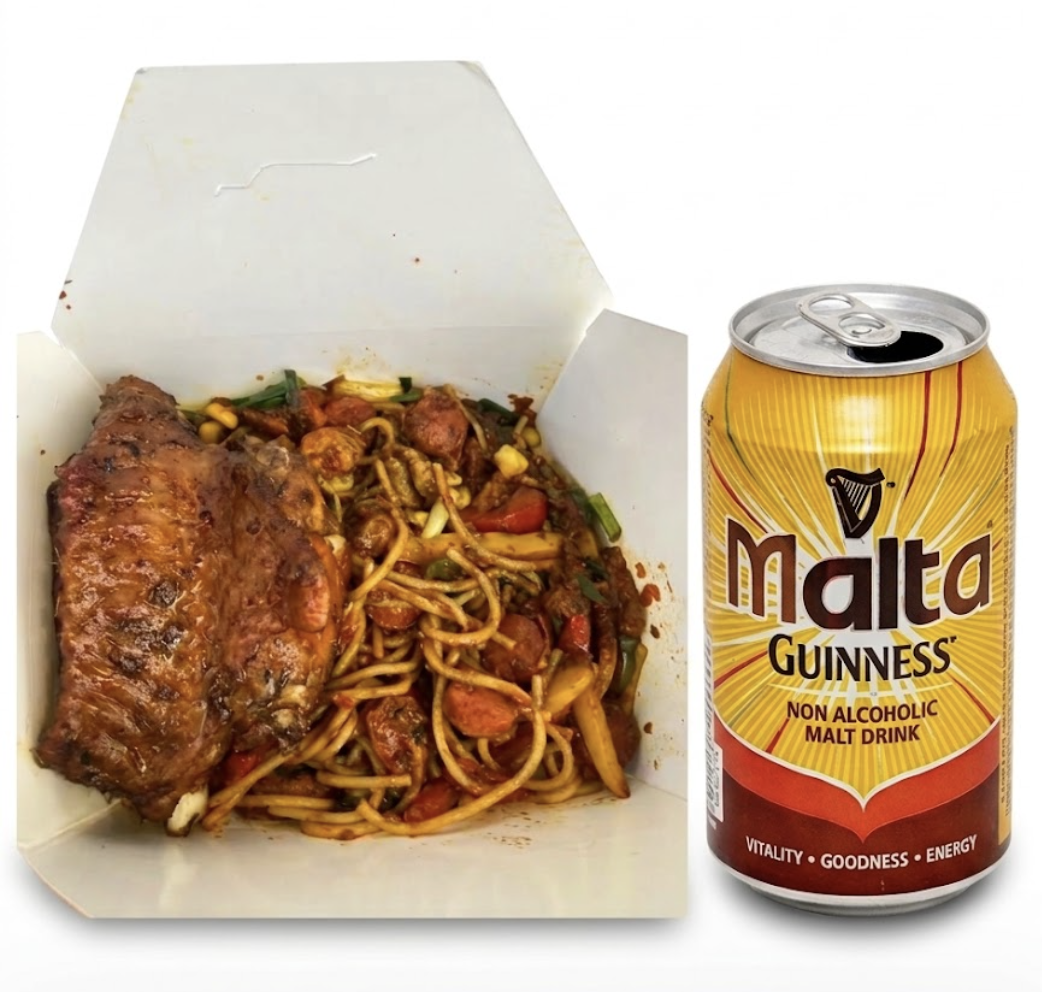 Beefy pasta , turkey  and malta guinness combo