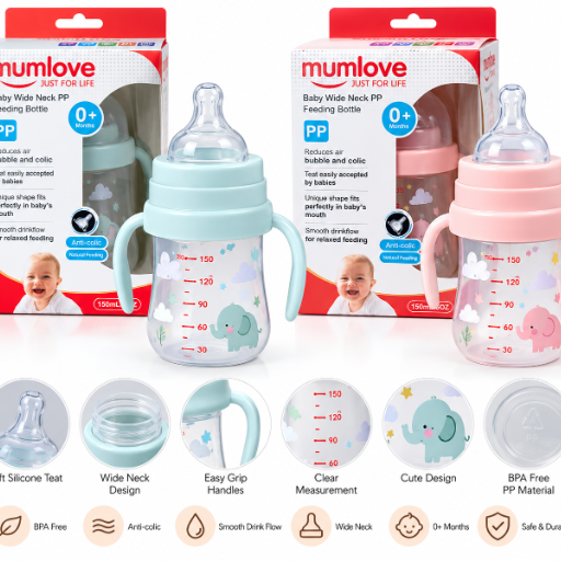 Mumlove 150ml wide neck baby feeding bottle with handles – anti-colic (0+ months)