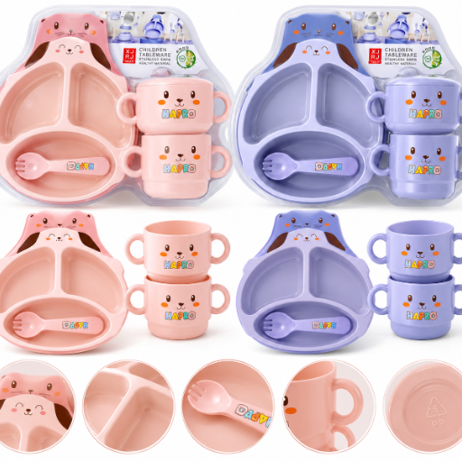 5-piece baby feeding set with divided plate, 2 cups & spoon – pink and purple