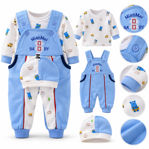 3-piece baby boys dungaree outfit set with long sleeve top & matching cap – blue