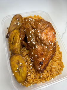 Firewood Jollof rice with Chicken Perri - Perri and plantain